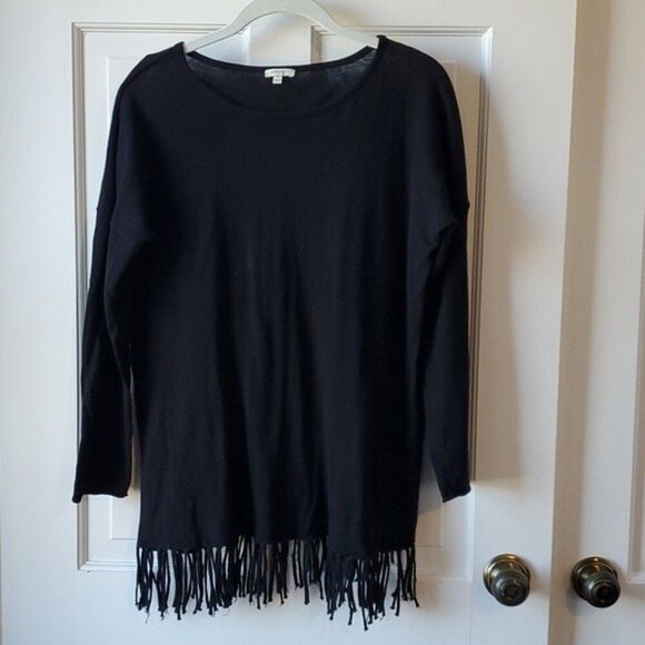 PROJECT COTTON BLACK SWEATER FRINGE SIZE MEDIUM DROP SLEEVE CREW NECK WESTERN - Picture 1 of 6